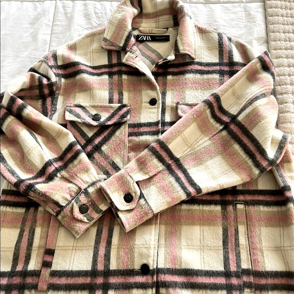 Zara Cream Plaid Shacket with Pink and Black Stripes